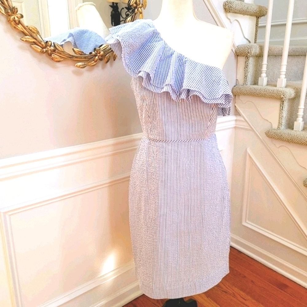J. Crew One Shoulder Ruffle Dress Seersucker